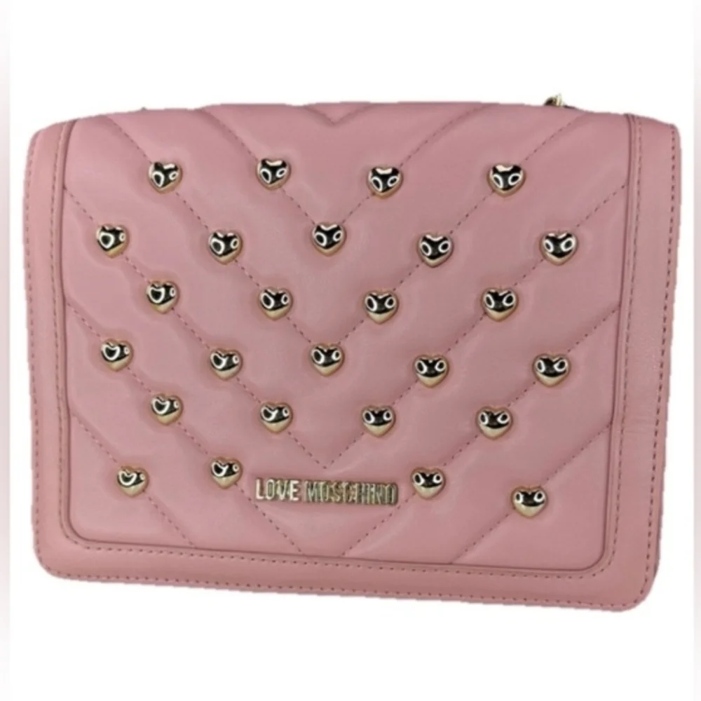 Love Moschino Borsa Pink Quilted Heart Stud Crossbody Bag.
